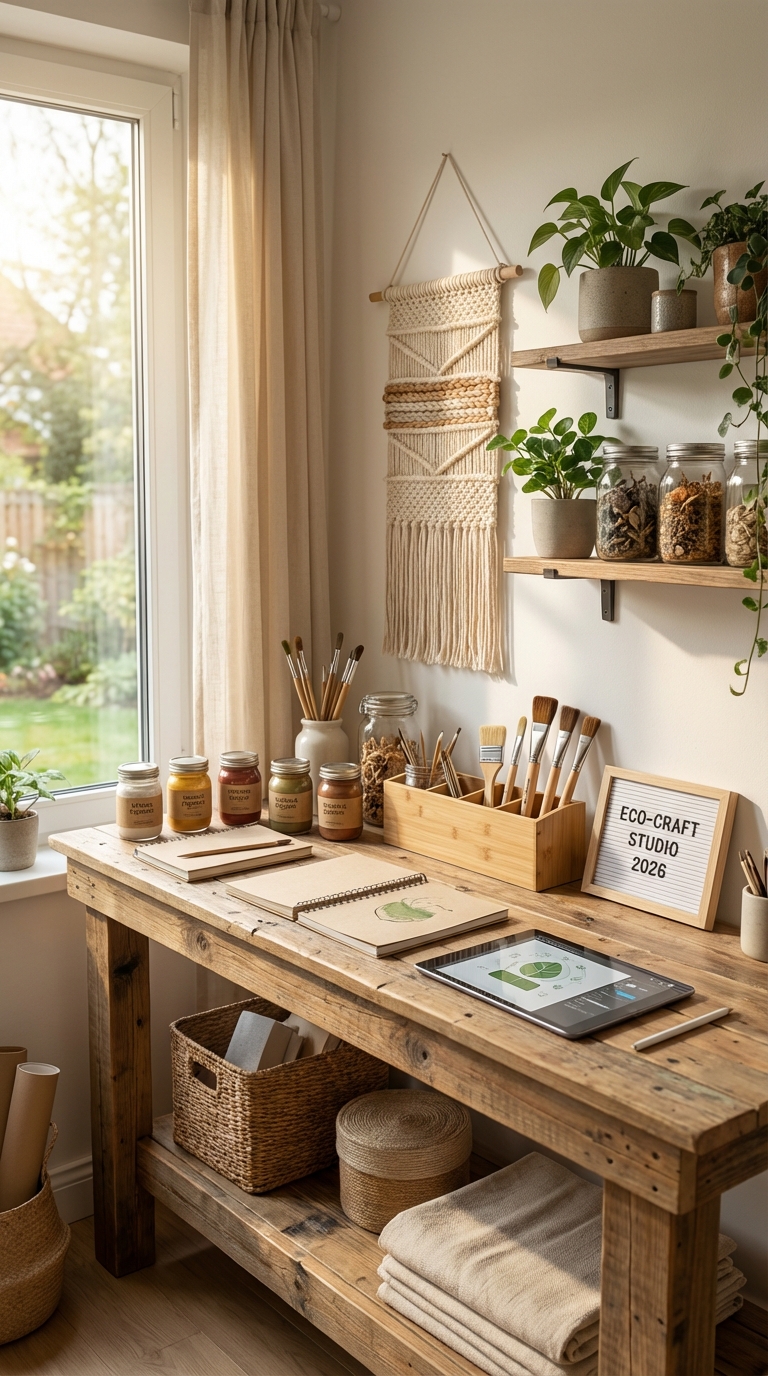 A cozy workspace set up for easy diy crafts to do at home with various colorful materials