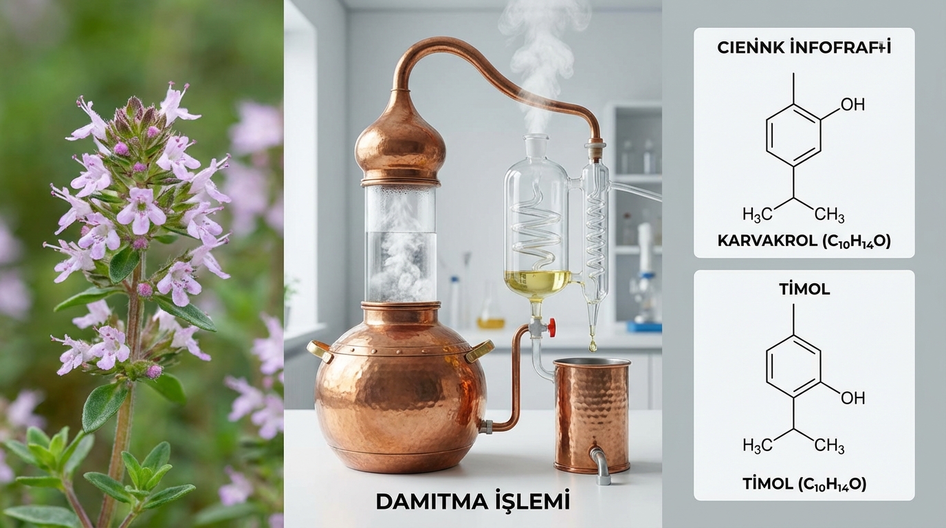 Kekik yağı şişesi ve kekik bitkisi