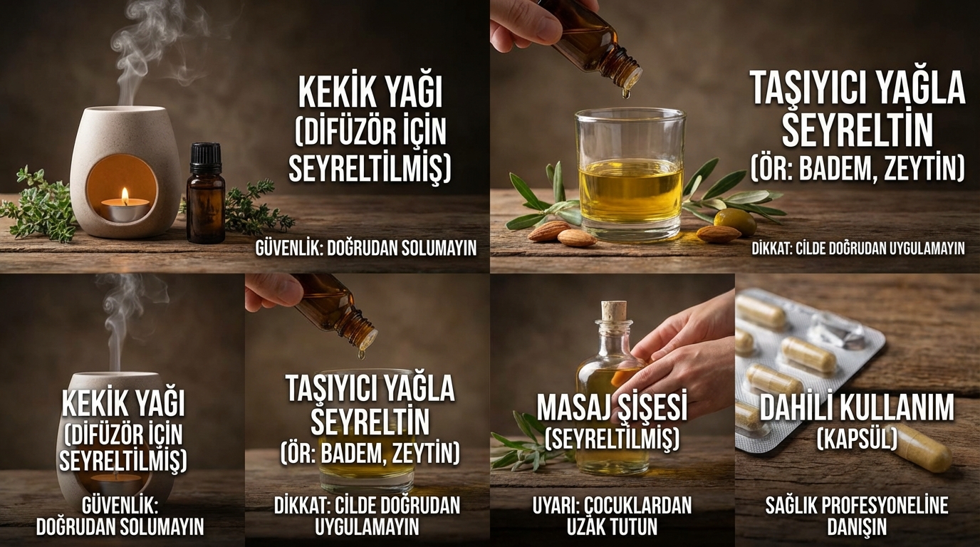 Kekik yağı şişesi ve sağlıklı cilt sembolü