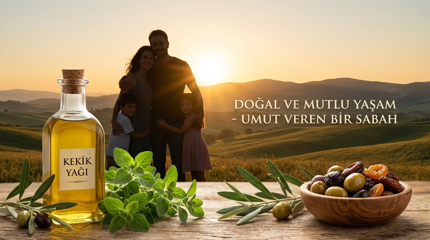 Kekik yağı şişesi ve sağlıklı yaşam sembolleri